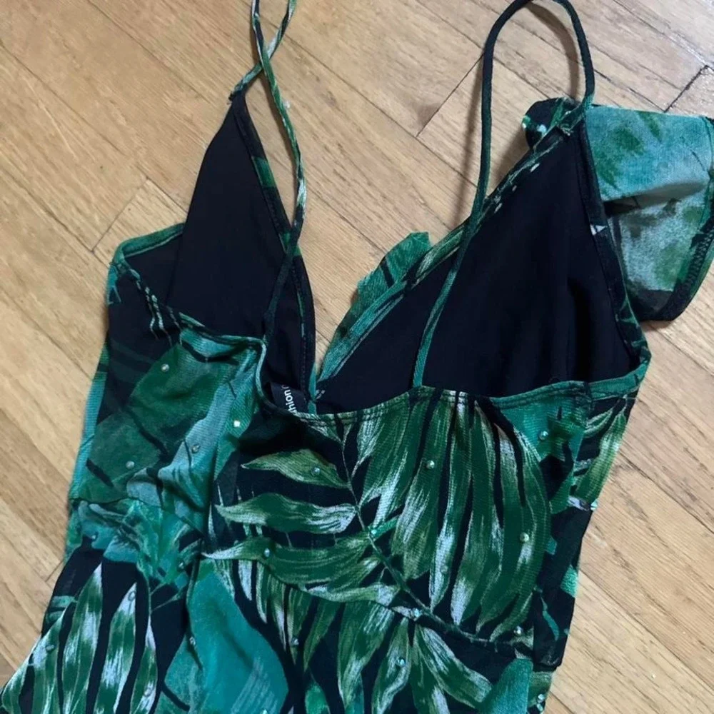 Tropical Print Mesh Maxi Dress Women's Size Small Green Black Bedazzled Bodysuit - Picture 8 of 8